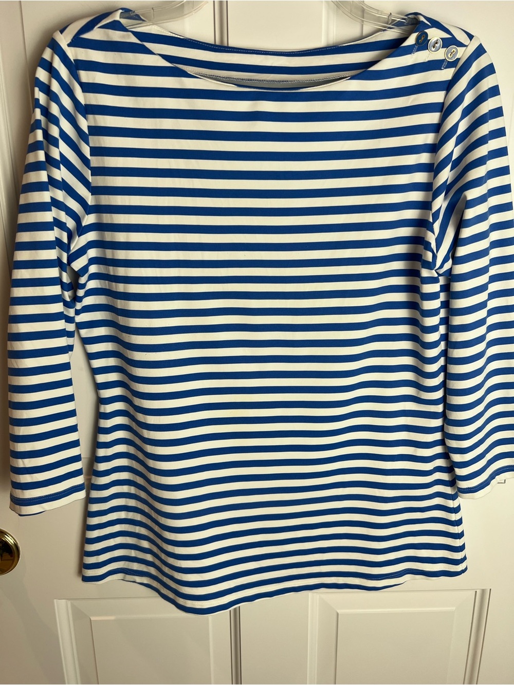 J. McLaughlin Blue & White Striped Boatneck 3/4 Sleeve Top with Shoulder Buttons